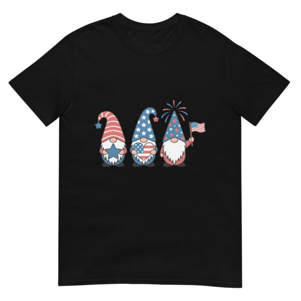 Patriotic Gnome Trio T-Shirt – Cute USA Gnomes with Flag & Fireworks - Image 2