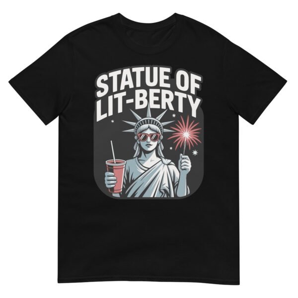 Statue of Lit-berty T-Shirt – Patriotic Lady Liberty with Fireworks and Drink - Image 2