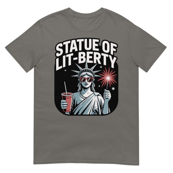 Statue of Lit-berty T-Shirt – Patriotic Lady Liberty with Fireworks and Drink - Image 11