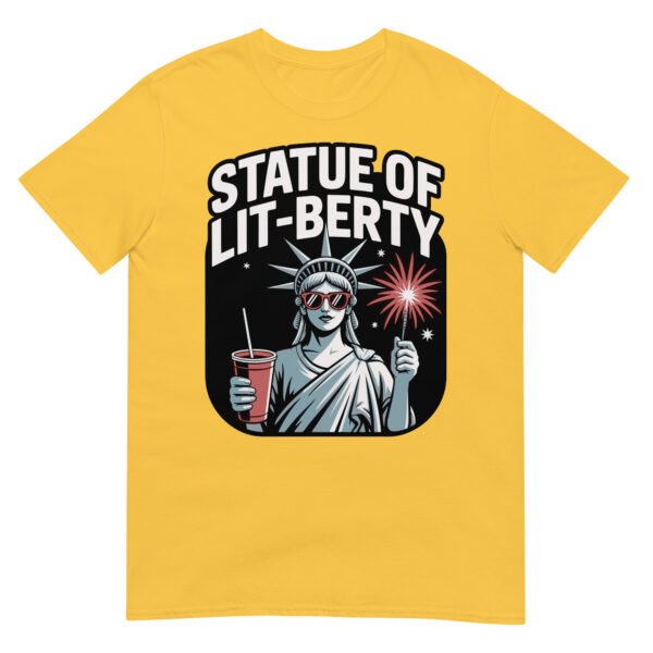 Statue of Lit-berty T-Shirt – Patriotic Lady Liberty with Fireworks and Drink - Image 15