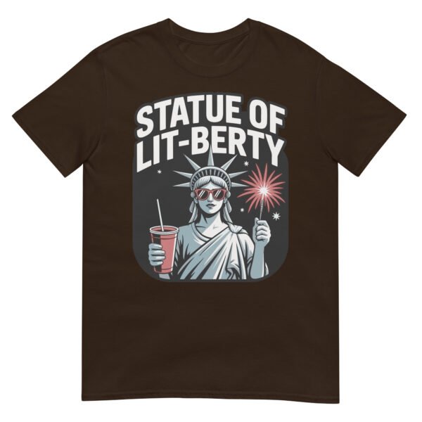 Statue of Lit-berty T-Shirt – Patriotic Lady Liberty with Fireworks and Drink - Image 4