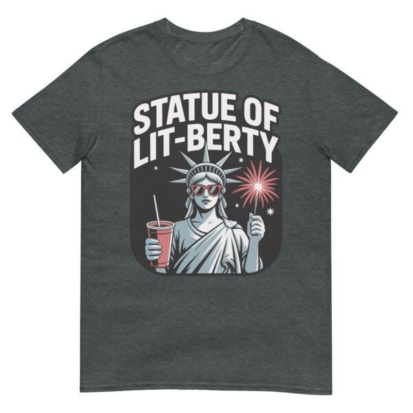 Statue of Lit-berty T-Shirt – Patriotic Lady Liberty with Fireworks and Drink - Image 6