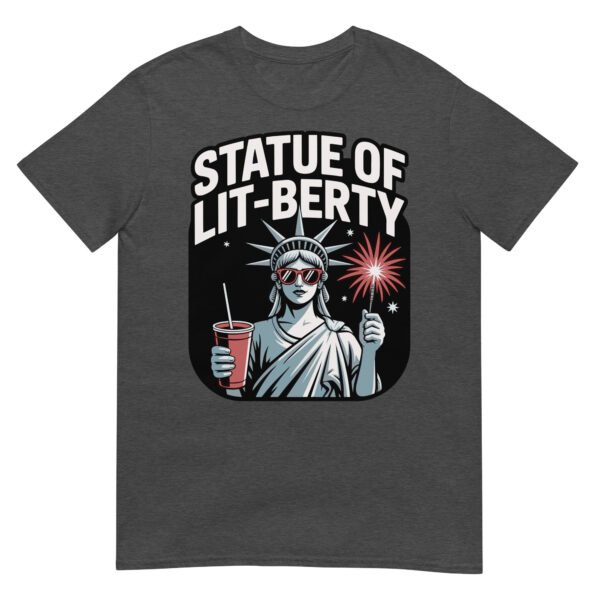 Statue of Lit-berty T-Shirt – Patriotic Lady Liberty with Fireworks and Drink - Image 8