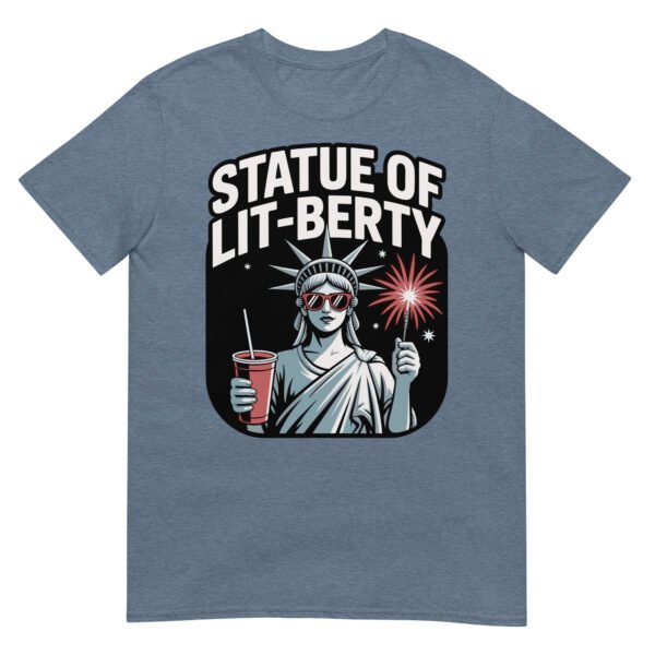 Statue of Lit-berty T-Shirt – Patriotic Lady Liberty with Fireworks and Drink - Image 13