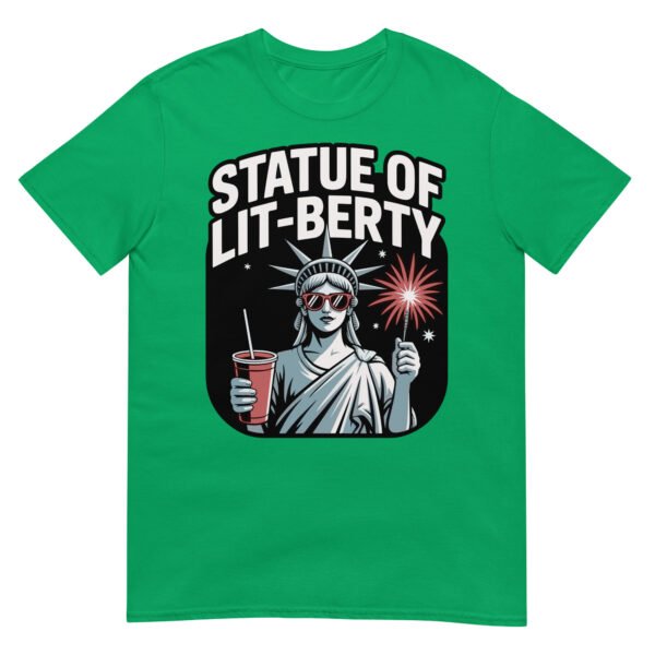 Statue of Lit-berty T-Shirt – Patriotic Lady Liberty with Fireworks and Drink - Image 14