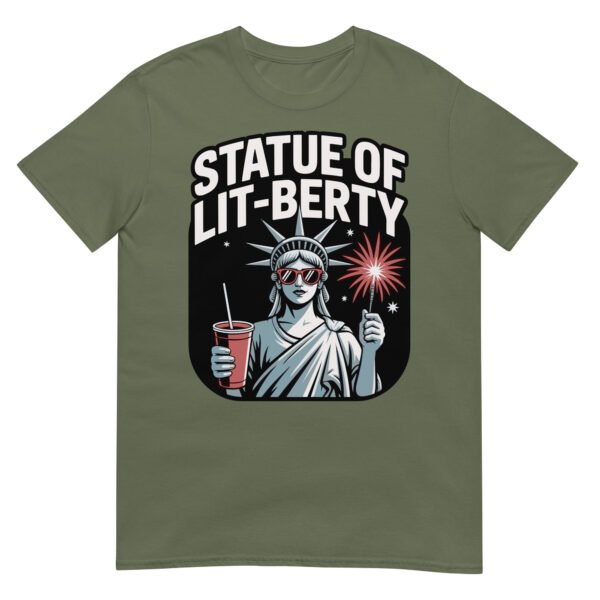 Statue of Lit-berty T-Shirt – Patriotic Lady Liberty with Fireworks and Drink - Image 10