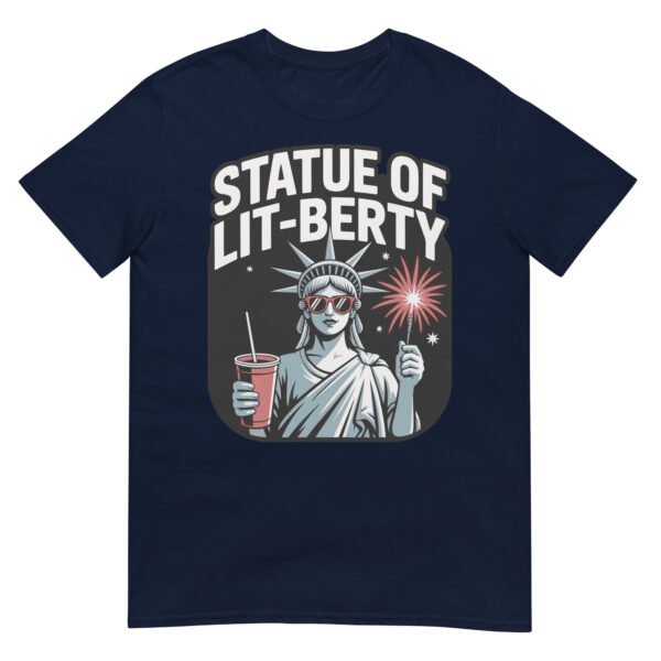Statue of Lit-berty T-Shirt – Patriotic Lady Liberty with Fireworks and Drink - Image 3