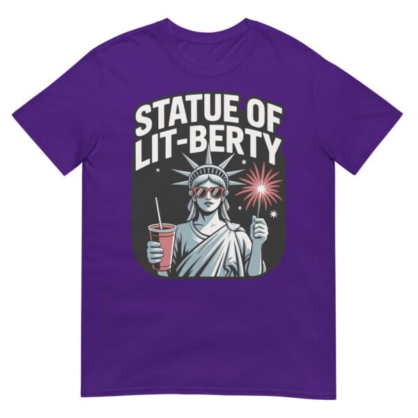 Statue of Lit-berty T-Shirt – Patriotic Lady Liberty with Fireworks and Drink - Image 5