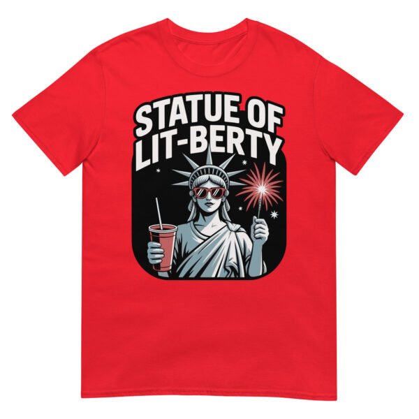 Statue of Lit-berty T-Shirt – Patriotic Lady Liberty with Fireworks and Drink - Image 7