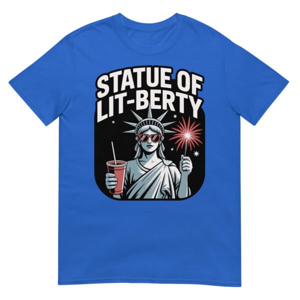Statue of Lit-berty T-Shirt – Patriotic Lady Liberty with Fireworks and Drink - Image 9