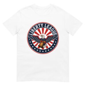 Liberty League T-Shirt for Conservatives – Eagle & Bell Arch - Retro Badge