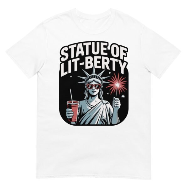 Statue of Lit-berty T-Shirt – Patriotic Lady Liberty with Fireworks and Drink - Image 16