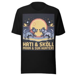 Hati & Sköll T-Shirt – Norse Pixel Art Wolves – Sun and Moon Chasers Tee