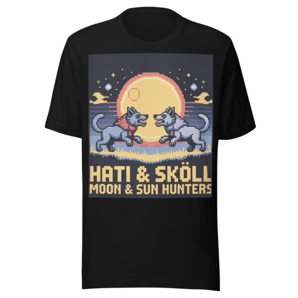 Hati & Sköll T-Shirt – Norse Pixel Art Wolves – Sun and Moon Chasers Tee