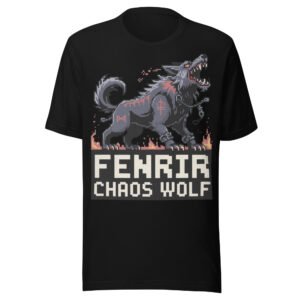 Fenrir Chaos Wolf T-Shirt – Norse Myth Pixel Art – Black Rune Edition