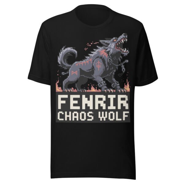 Fenrir Chaos Wolf T-Shirt – Norse Myth Pixel Art – Black Rune Edition