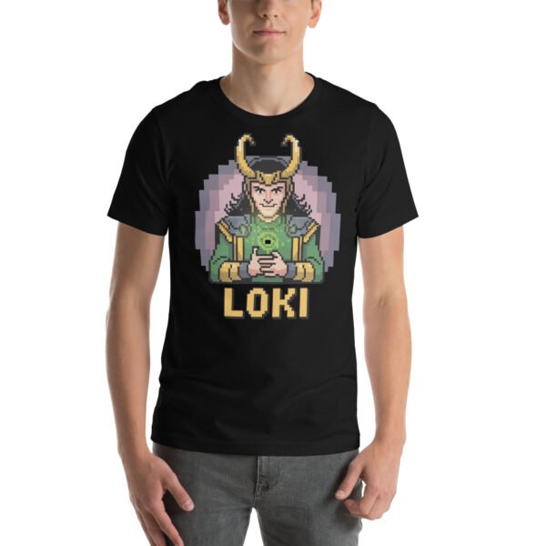 Loki Shirt – Calm Strategist Pose – Retro Game T Shirt 8bit Pixel Art Tee - Image 2