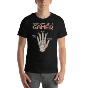 Anatomy of a Gamer Shirt – Retro Skeleton Hand Design – Pixel Gamer T-Shirt for Men and Women