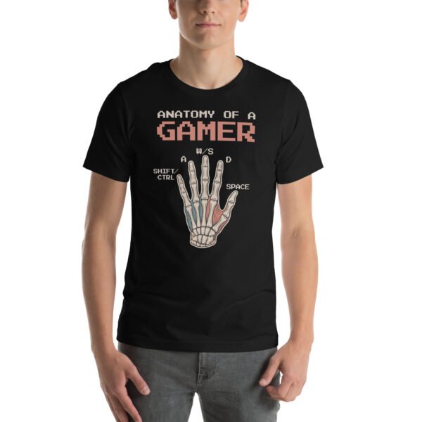 Anatomy of a Gamer Shirt – Retro Skeleton Hand Design – Pixel Gamer T-Shirt for Men and Women