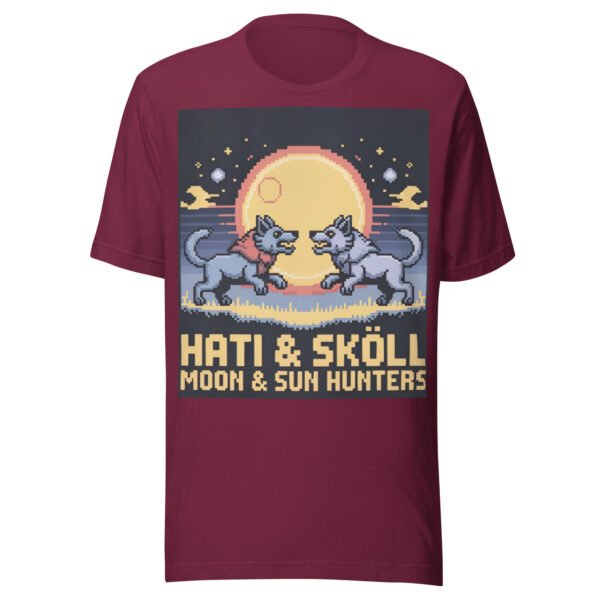 Hati & Sköll T-Shirt – Norse Pixel Art Wolves – Sun and Moon Chasers Tee - Image 3