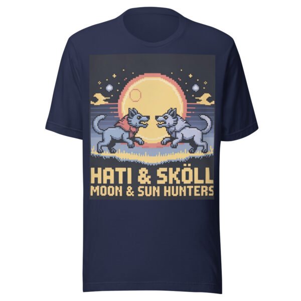 Hati & Sköll T-Shirt – Norse Pixel Art Wolves – Sun and Moon Chasers Tee - Image 2