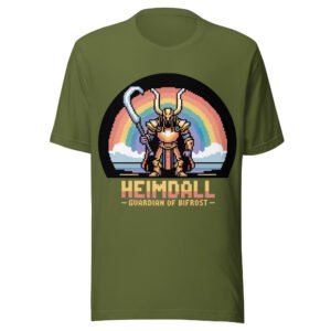 Pixel Bifrost Guardian T-Shirt – Heimdall with Rainbow Blade – Retro Norse Tee