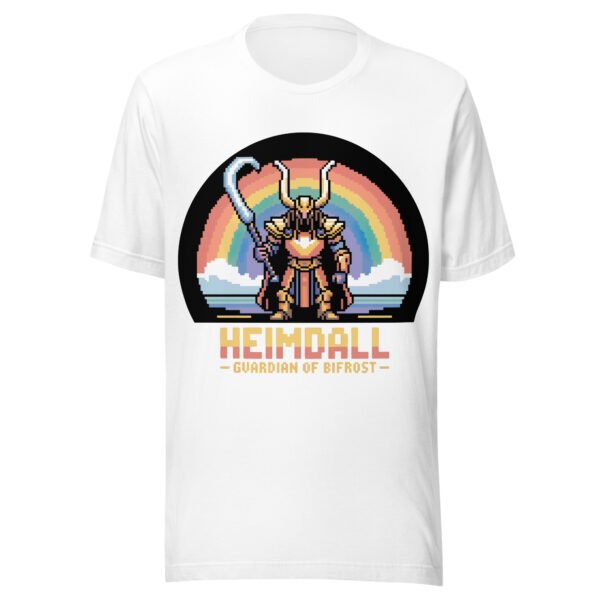 Pixel Bifrost Guardian T-Shirt – Heimdall with Rainbow Blade – Retro Norse Tee - Image 8