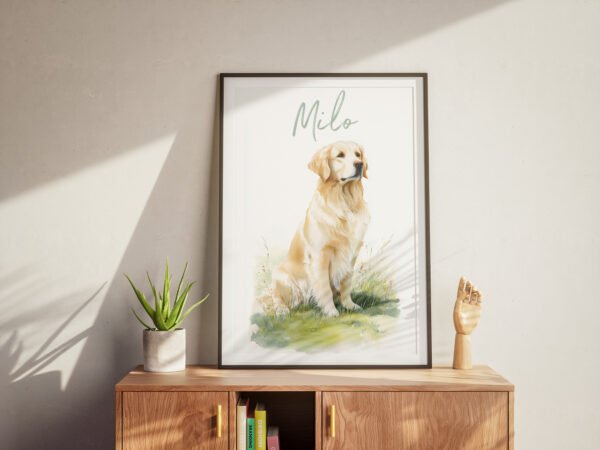 The "Golden Soul" canvas art placed on a wooden office desk next to a plant and books.