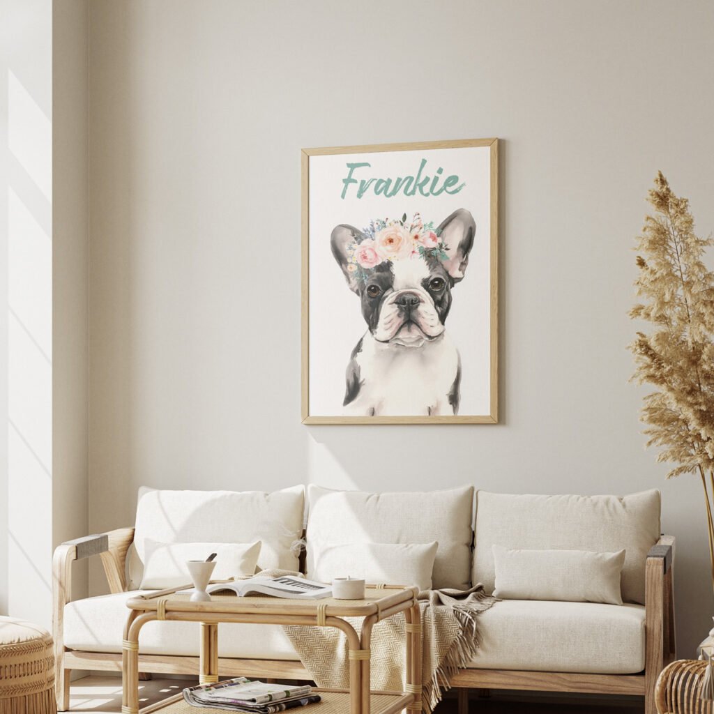 A MomeA Moment of Wonder Canvas in Living Room The "A Moment of Wonder" canvas print with a Frenchie and a daisy hanging in a bright, minimalist living room.