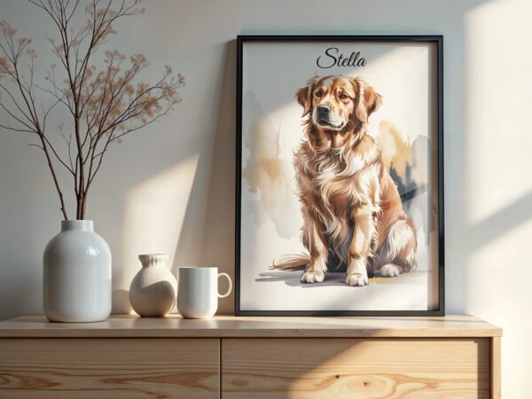 The "Golden Soul" canvas art placed on a wooden office desk next to a plant and books.