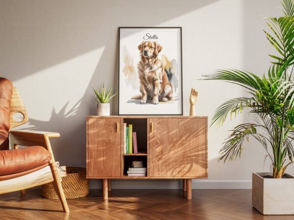 The "Golden Soul" canvas art placed on a wooden office desk next to a plant and books.