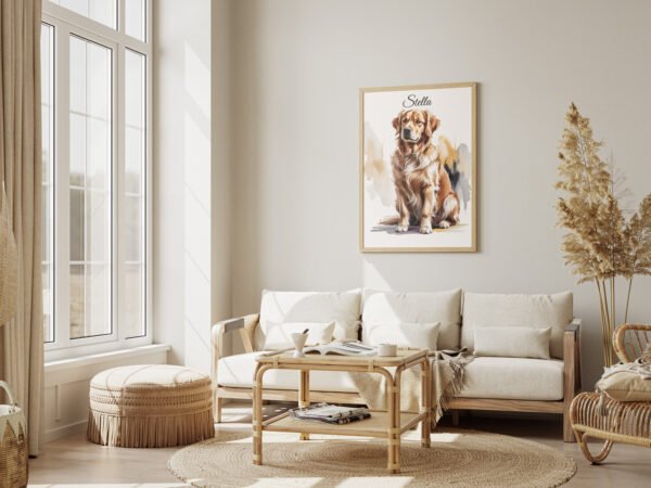 "The Golden Soul" Golden Retriever wall art hanging above a modern sofa in a living room.