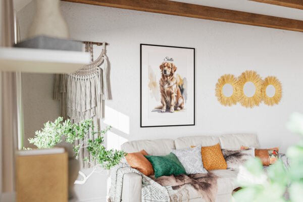 The "Golden Soul" canvas print creating a cozy focal point above a bed in a bedroom.