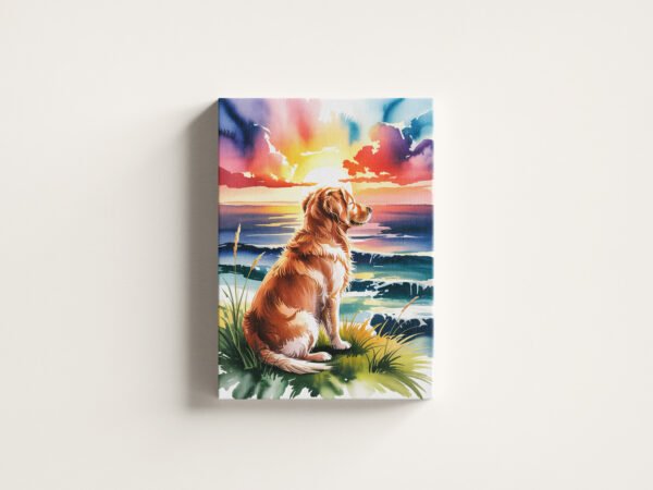 Scenic canvas art of a Golden Retriever watching a sunset, "The Sunset Watcher", on a white background