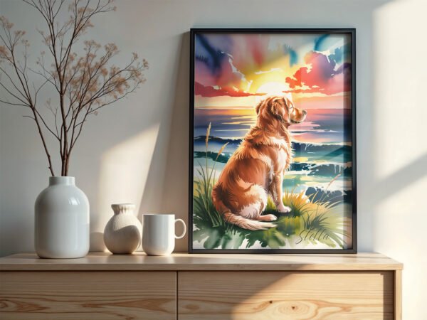 The "Sunset Watcher" canvas placed on a bookshelf, creating a peaceful and artistic vibe.