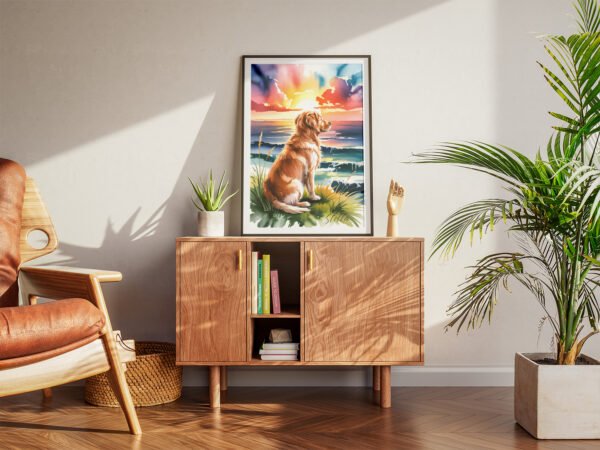 The "Sunset Watcher" canvas placed on a bookshelf, creating a peaceful and artistic vibe.