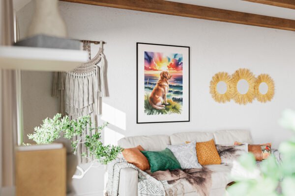 "The Sunset Watcher" canvas hanging above a bed, perfect for creating a serene bedroom sanctuary.