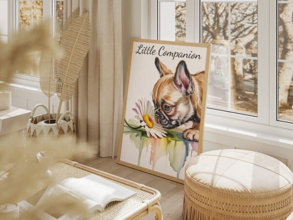 The "A Moment of Wonder" canvas print with a Frenchie and a daisy hanging in a bright, minimalist living room.