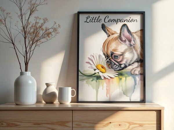Delicate watercolor art print of a French Bulldog puppy sniffing a daisy, "A Moment of Wonder", on a white background