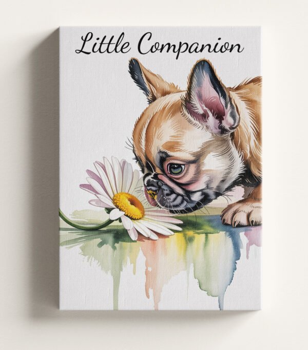 Close-up shot of the soft watercolor details on the "A Moment of Wonder" French Bulldog and flower painting.