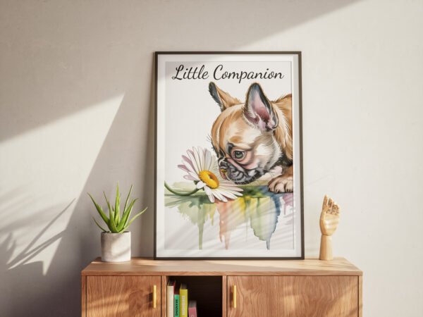 Delicate watercolor art print of a French Bulldog puppy sniffing a daisy, "A Moment of Wonder", on a white background