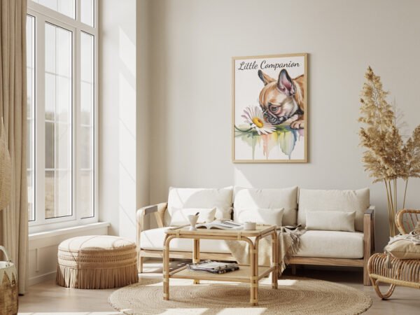 The "A Moment of Wonder" canvas print with a Frenchie and a daisy hanging in a bright, minimalist living room.