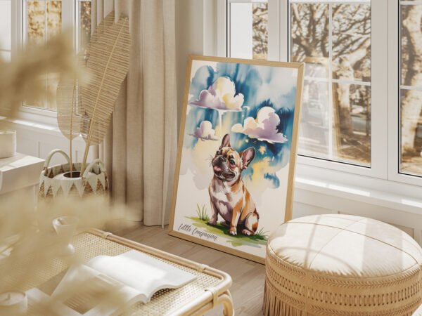 Cheerful "Head in the Clouds" French Bulldog canvas art adding a pop of color and joy to a family living room wall.