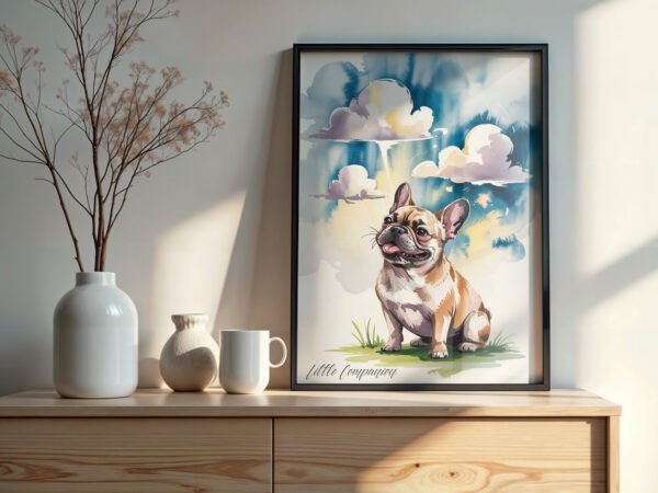 Uplifting "Head in the Clouds" dog painting creating a fun and positive vibe on table