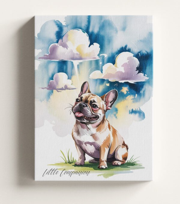 Close-up detail of the dreamy watercolor sky and happy expression on the "Head in the Clouds" art print.