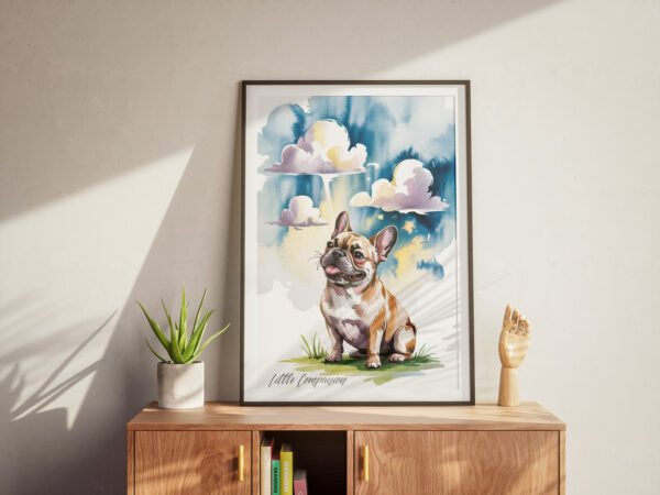 Whimsical "Head in the Clouds" watercolor painting of a happy French Bulldog under a dreamy blue sky.