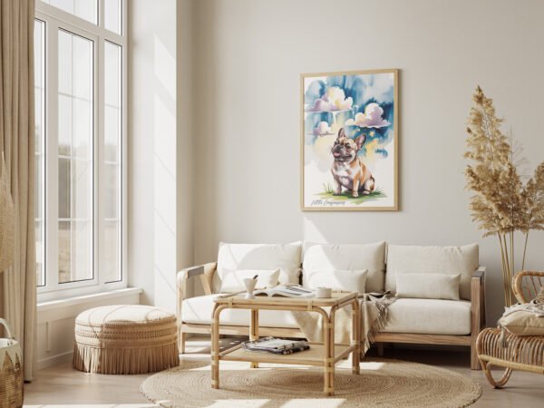 Cheerful "Head in the Clouds" French Bulldog canvas art adding a pop of color and joy to a family living room wall.