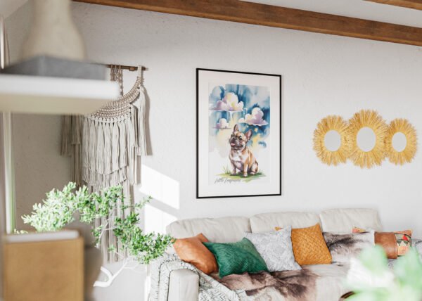 Uplifting "Head in the Clouds" dog painting creating a fun and positive vibe in a kid's bedroom.