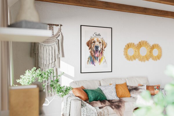 Cute Golden Retriever canvas print "The Goofball's Grin" hanging in a bright, modern bedroom.