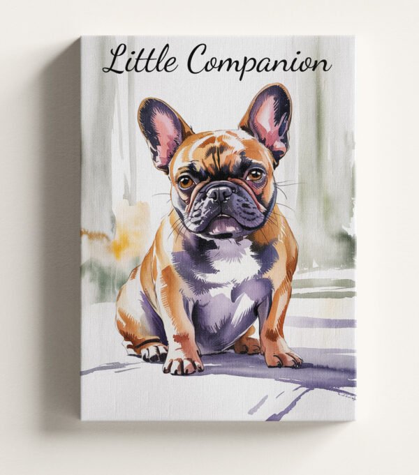Close-up detail showing the high-quality canvas texture and painterly watercolor strokes of the "Confident Companion" Frenchie art.